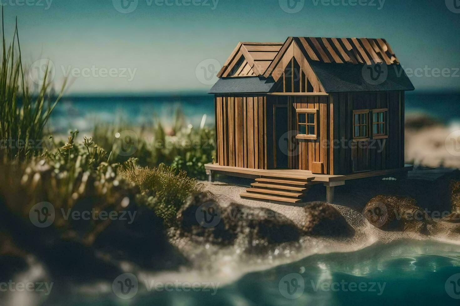 a miniature wooden house on the beach. AI-Generated photo