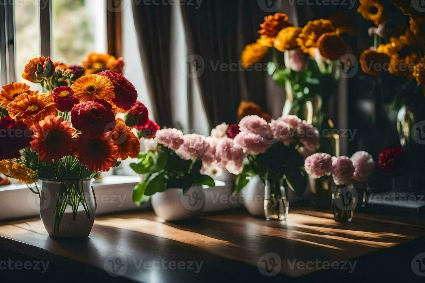 flowers in vases on a table. AI-Generated photo