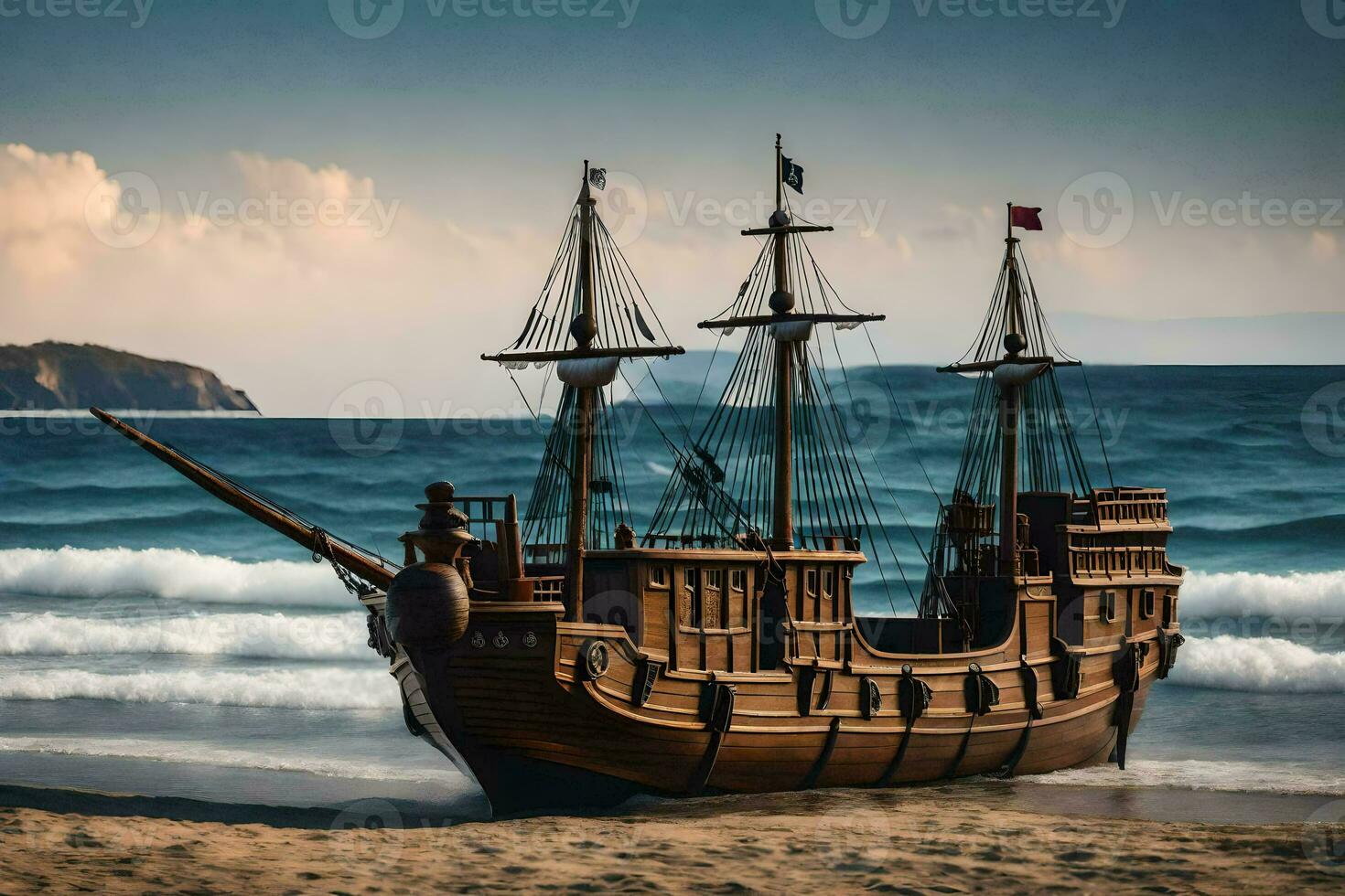 a wooden pirate ship on the beach. AI-Generated photo