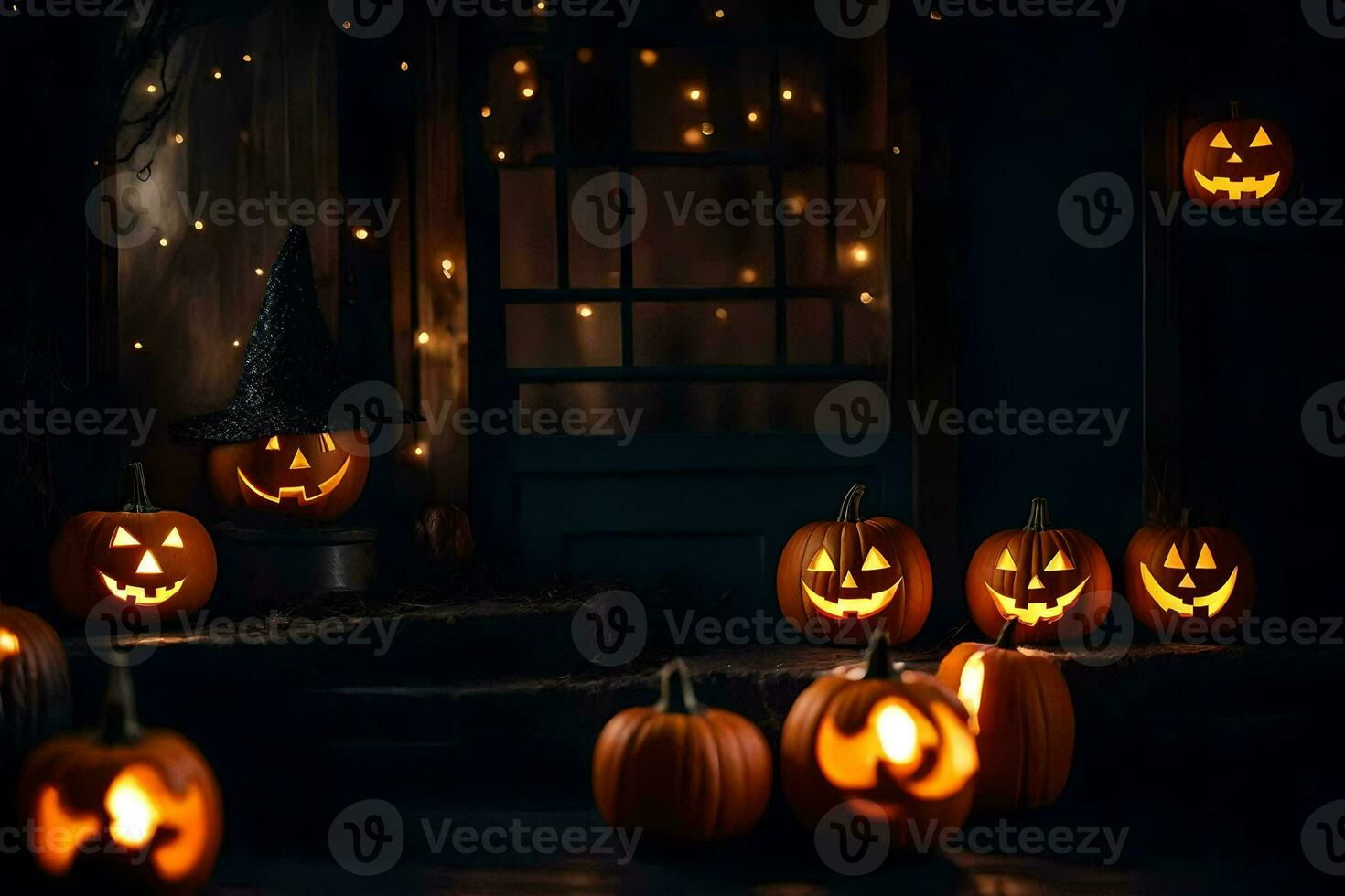 halloween pumpkins in front of a door. AI-Generated photo