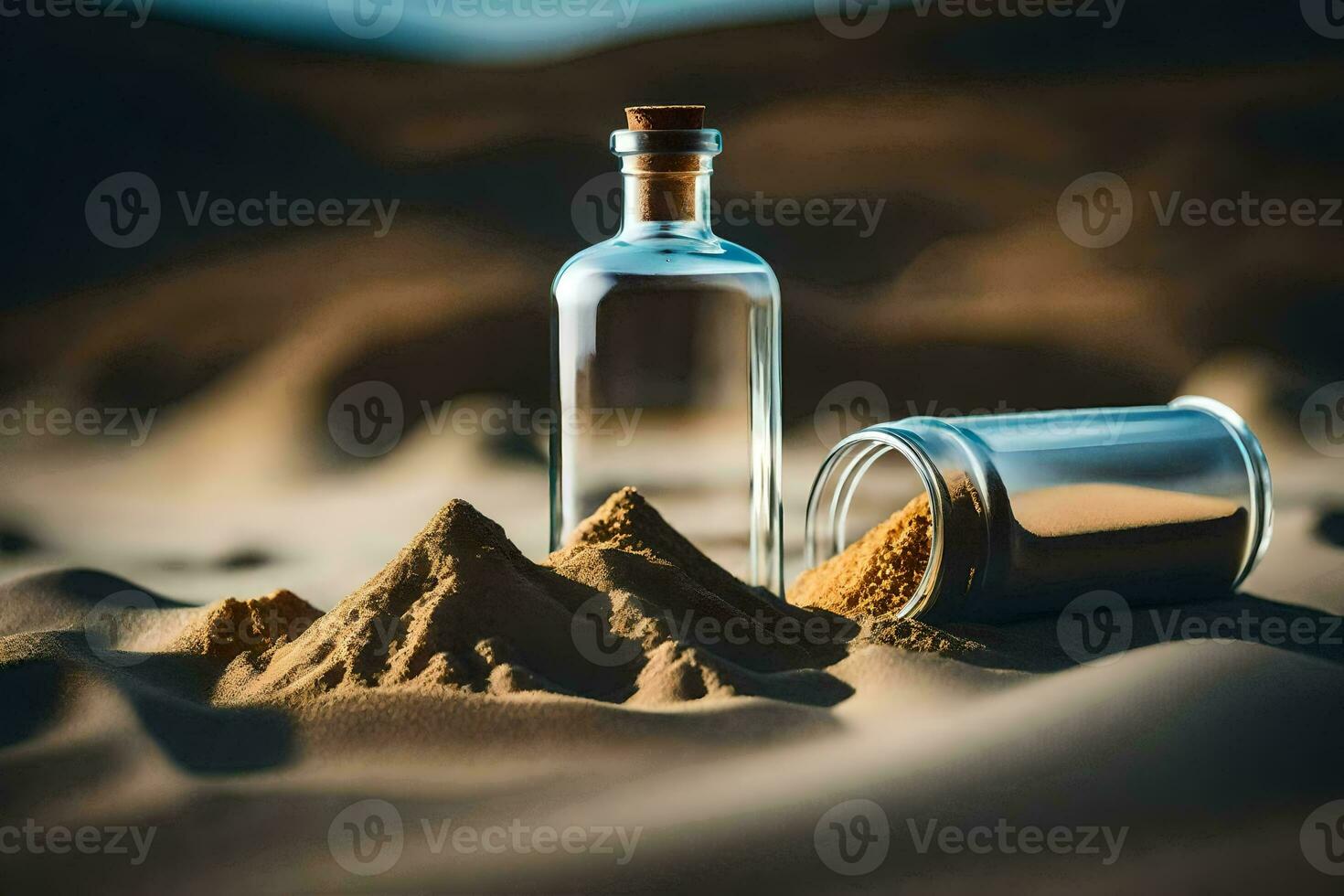 a bottle of sand and a glass bottle of sand in the desert. AI-Generated photo