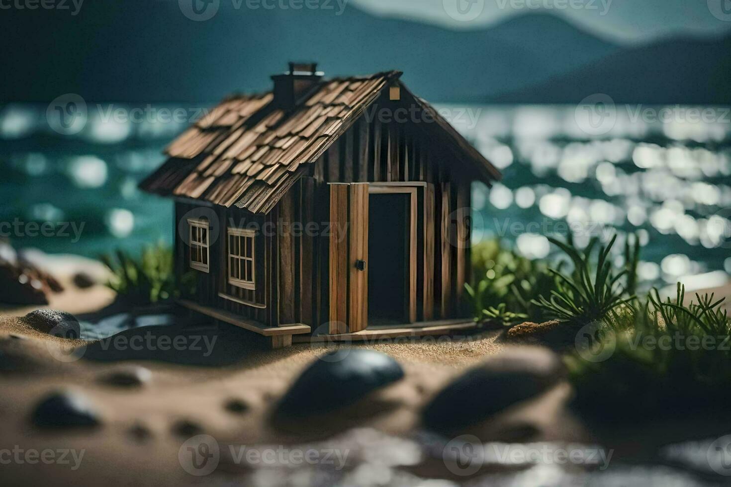 a small wooden house on the beach. AI-Generated photo