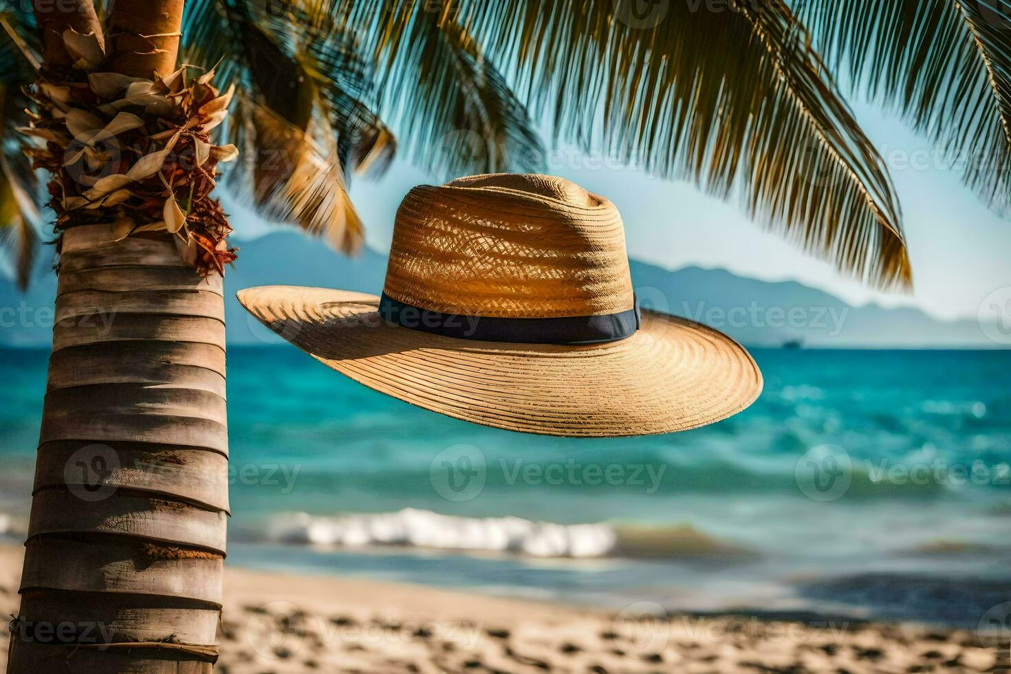 a hat hanging from a palm tree on the beach. AI-Generated photo