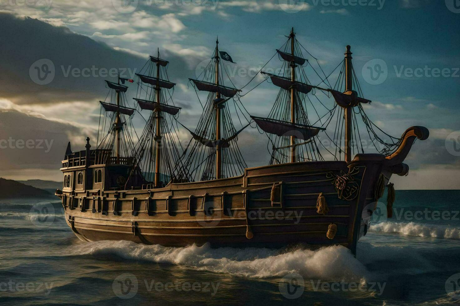 a pirate ship in the ocean. AI-Generated photo