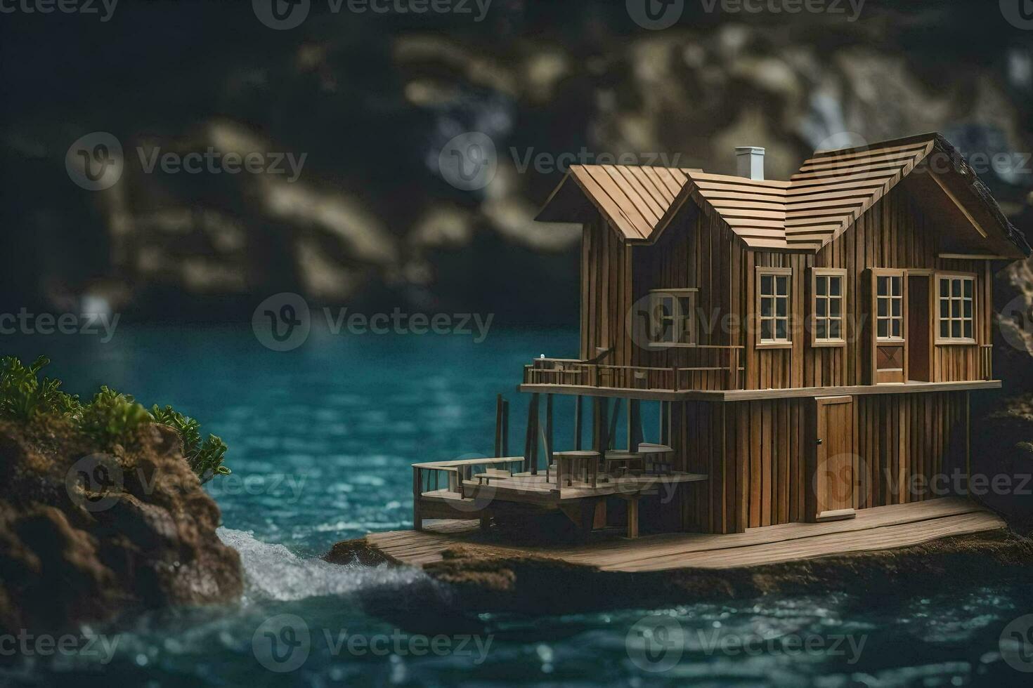 a miniature wooden house on a rock in the ocean. AI-Generated photo