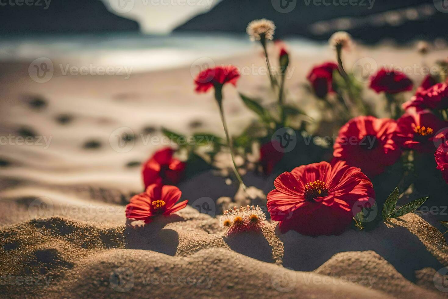 red flowers on the beach with the ocean in the background. AIGenerated