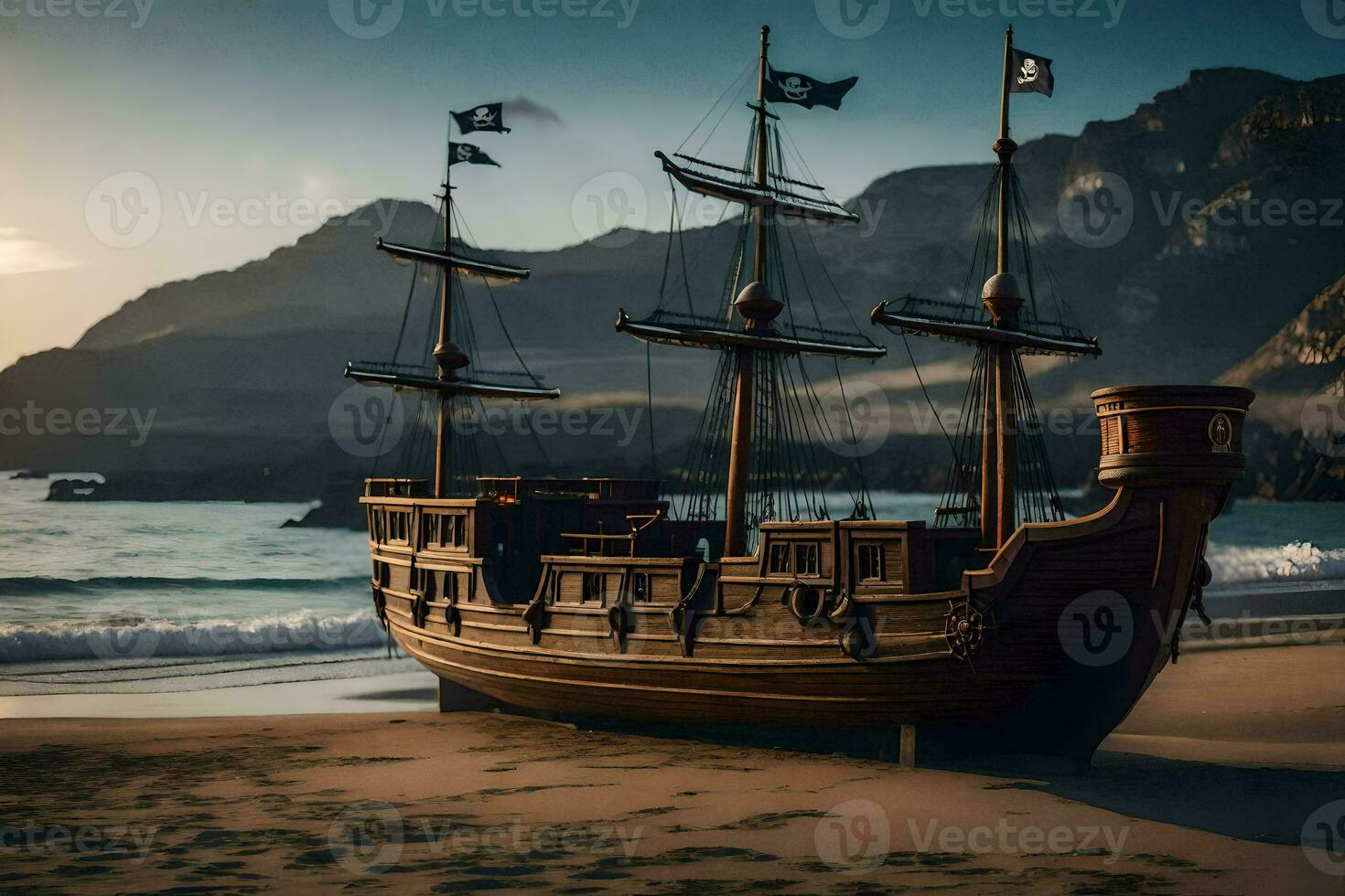 a pirate ship on the beach. AI-Generated photo