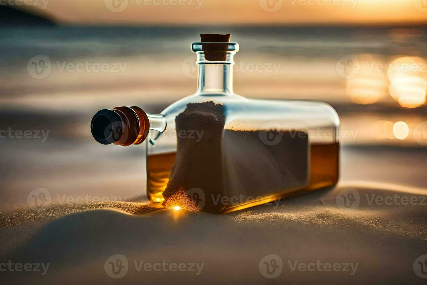 a message in a bottle on the beach at sunset. AI-Generated photo