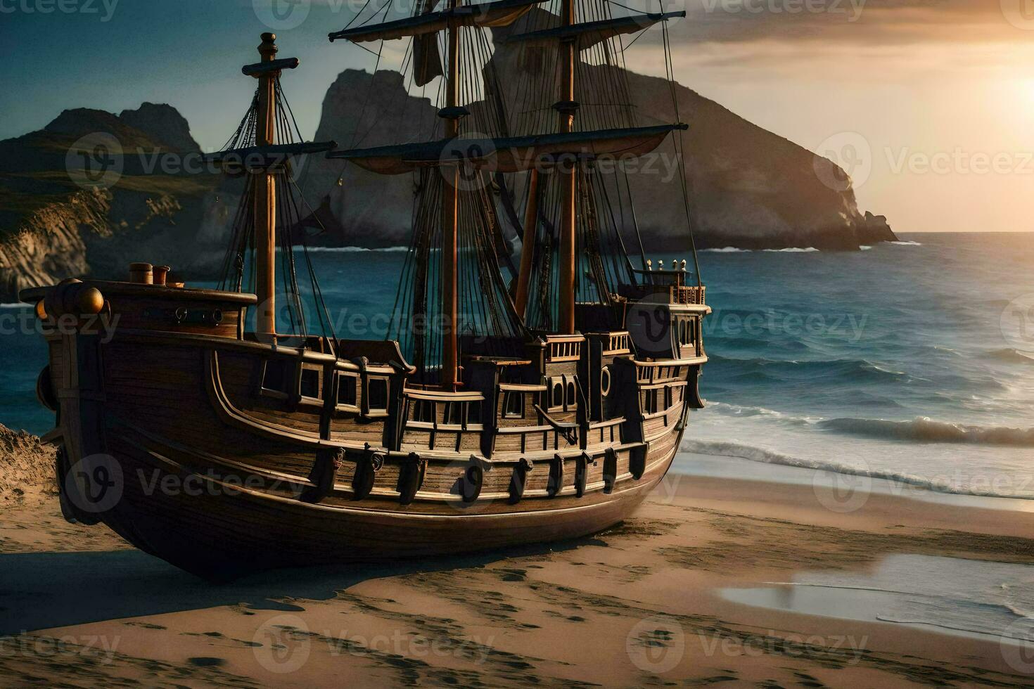 a pirate ship sits on the beach at sunset. AI-Generated photo