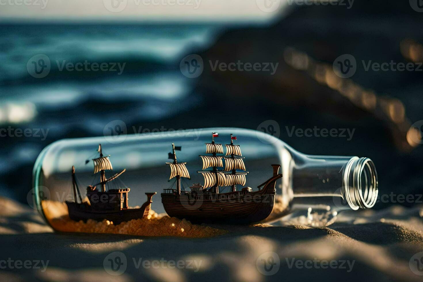 ship in a bottle, sand, beach, sand, sand dunes, sand, sand d. AI-Generated photo