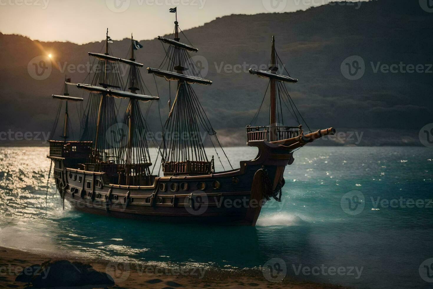 a pirate ship is sailing on the ocean. AI-Generated photo