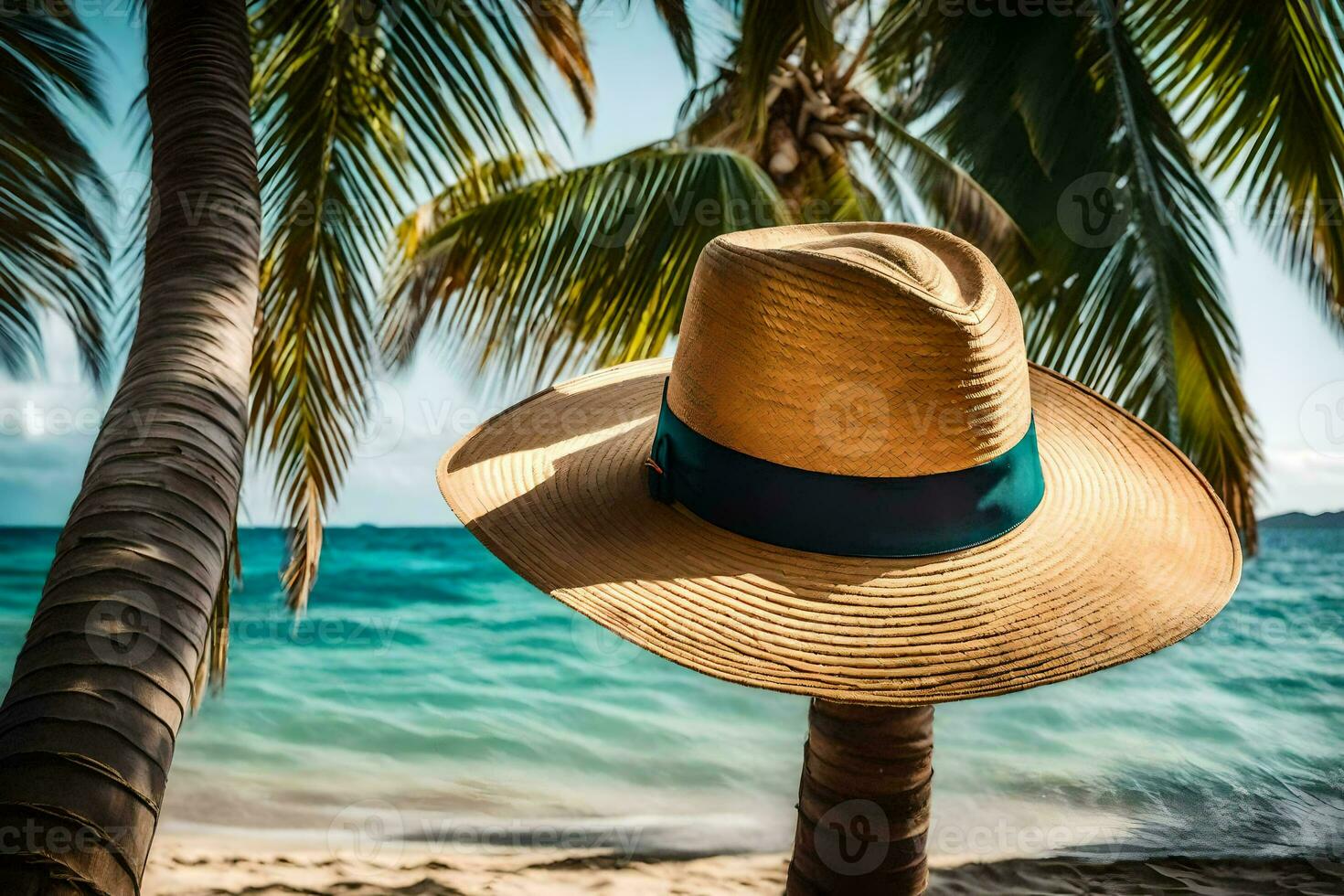 a hat sits on a palm tree near the ocean. AI-Generated photo