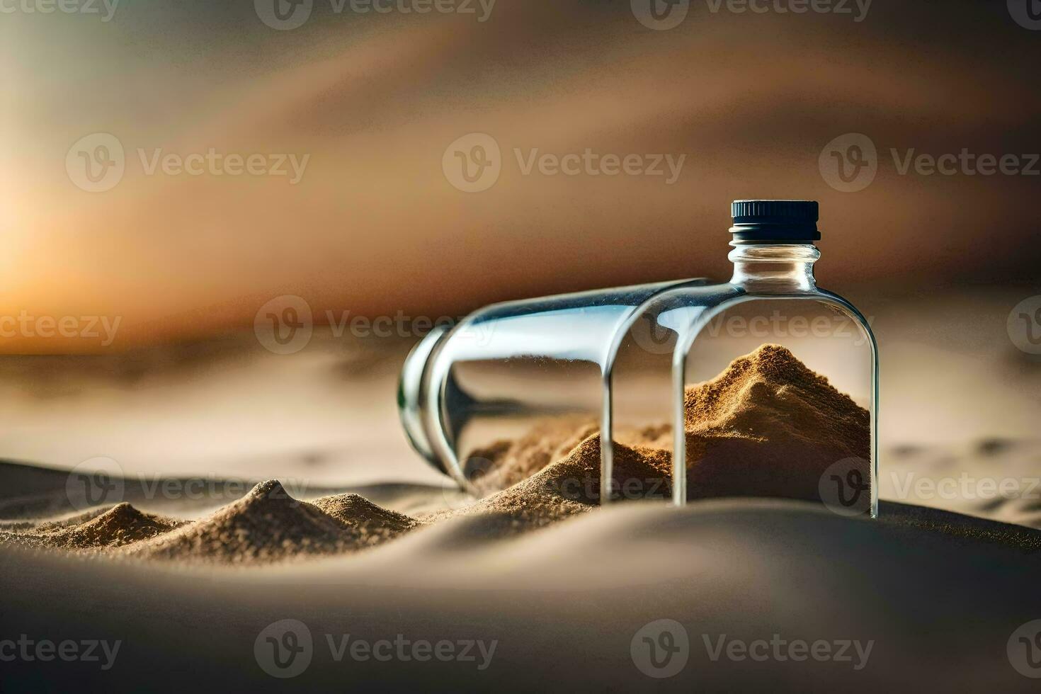 a bottle of sand in the desert. AI-Generated photo