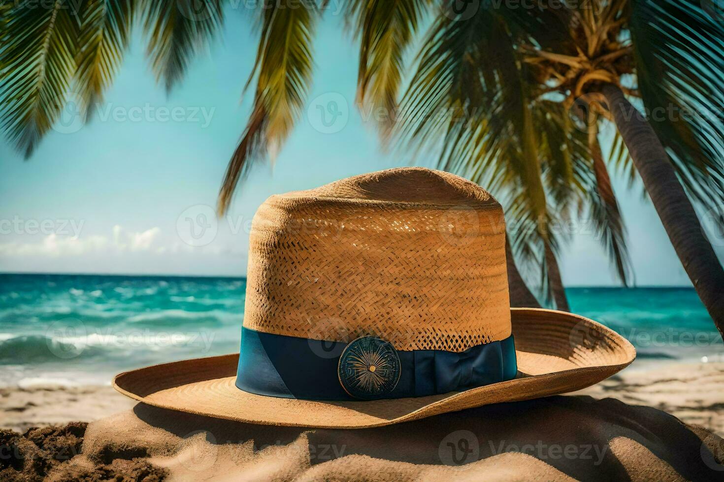 a straw hat on the beach. AI-Generated photo