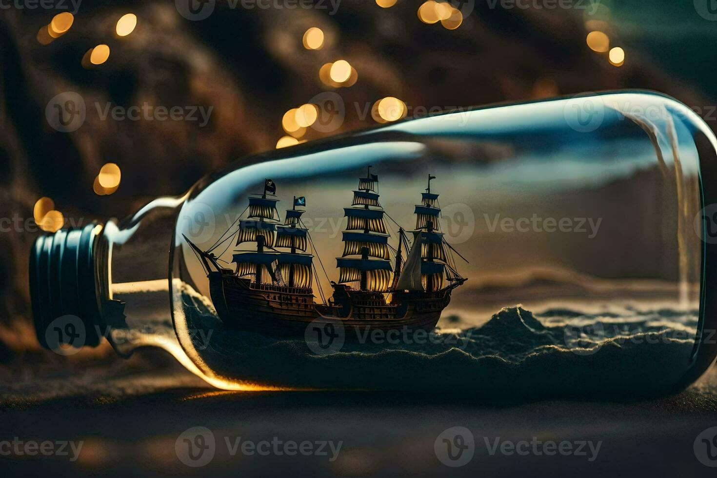a ship in a bottle with a sunset in the background. AI-Generated photo