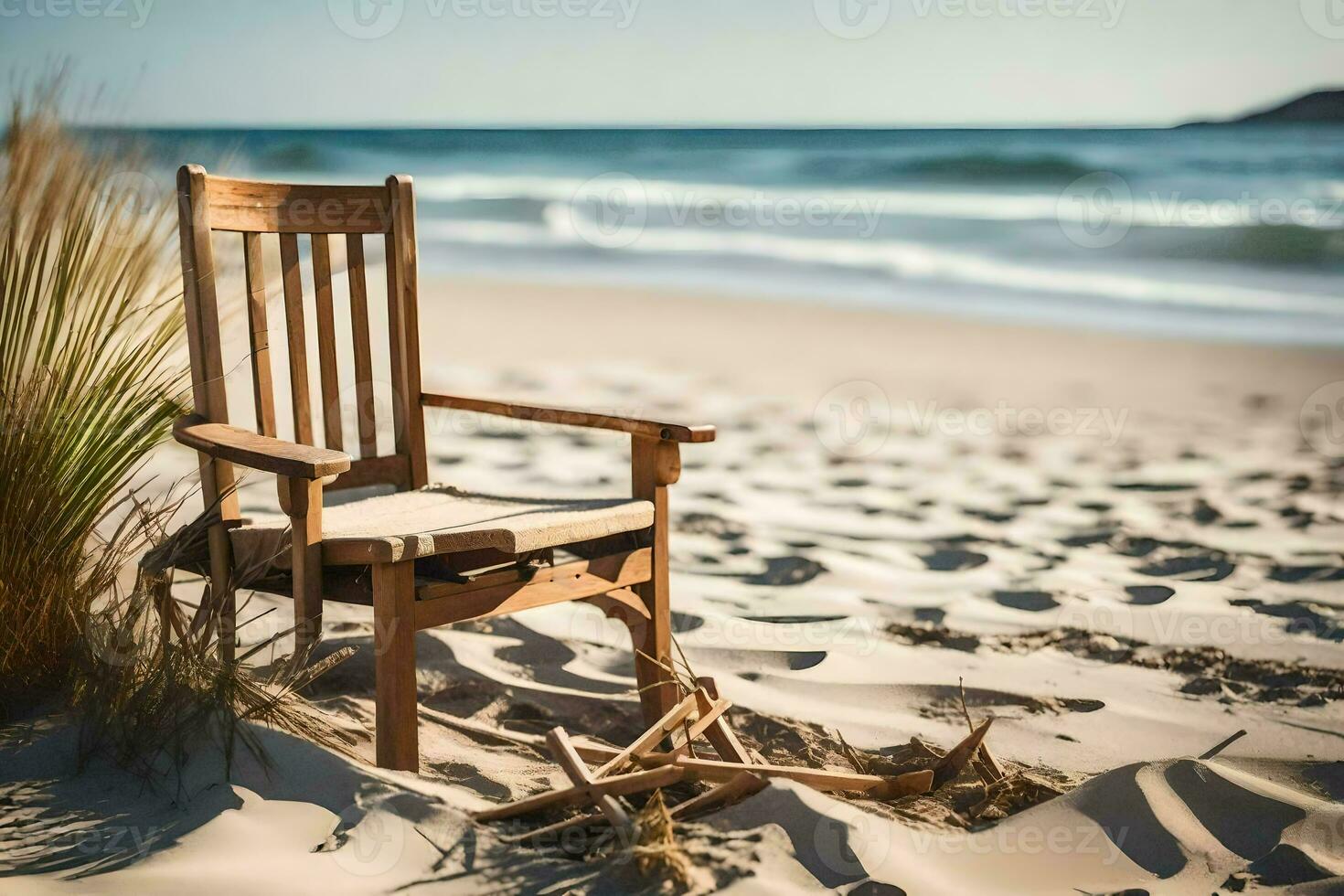 a wooden chair sits on the beach near the ocean. AI-Generated photo