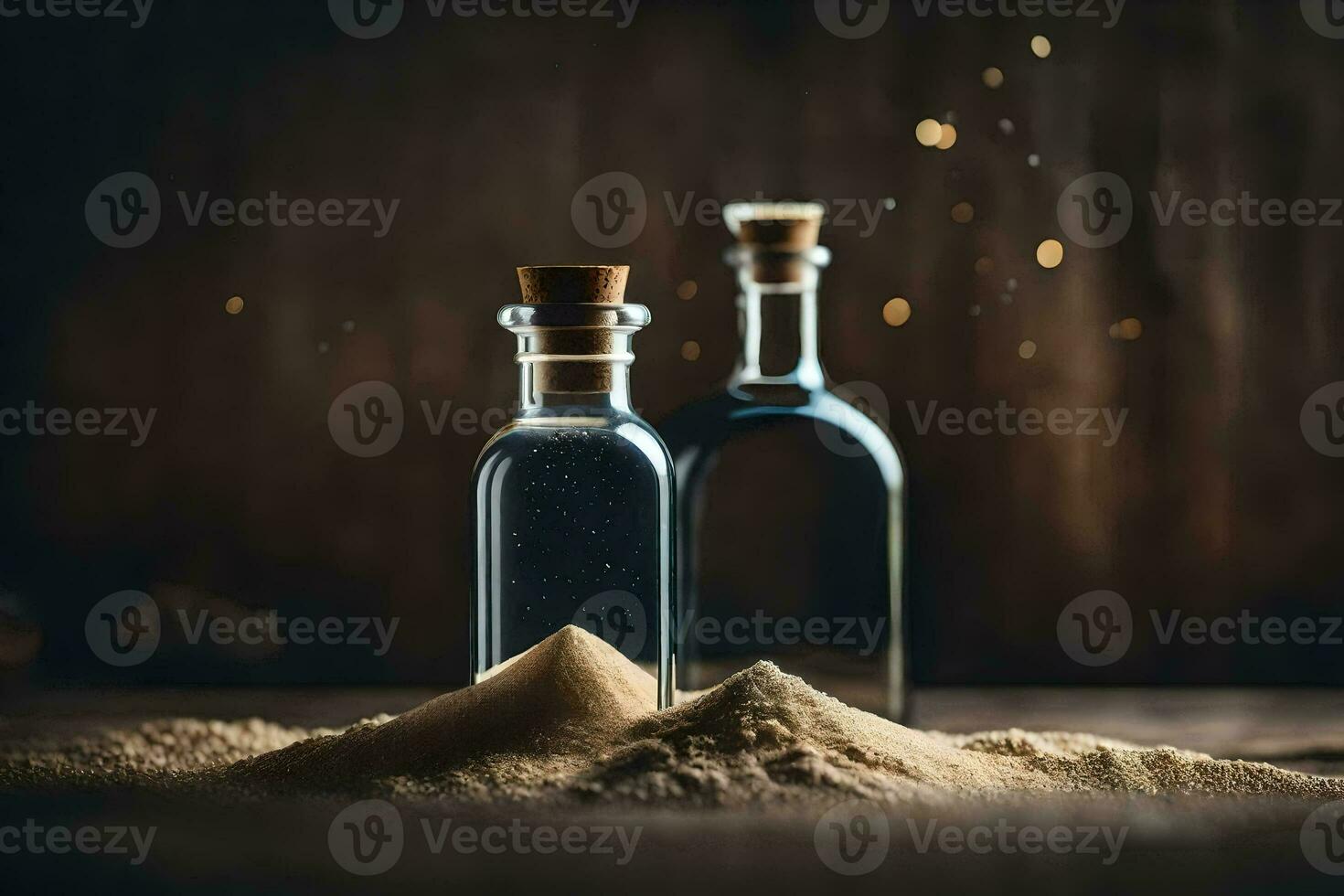 two bottles of alcohol and sand on a wooden table. AI-Generated photo