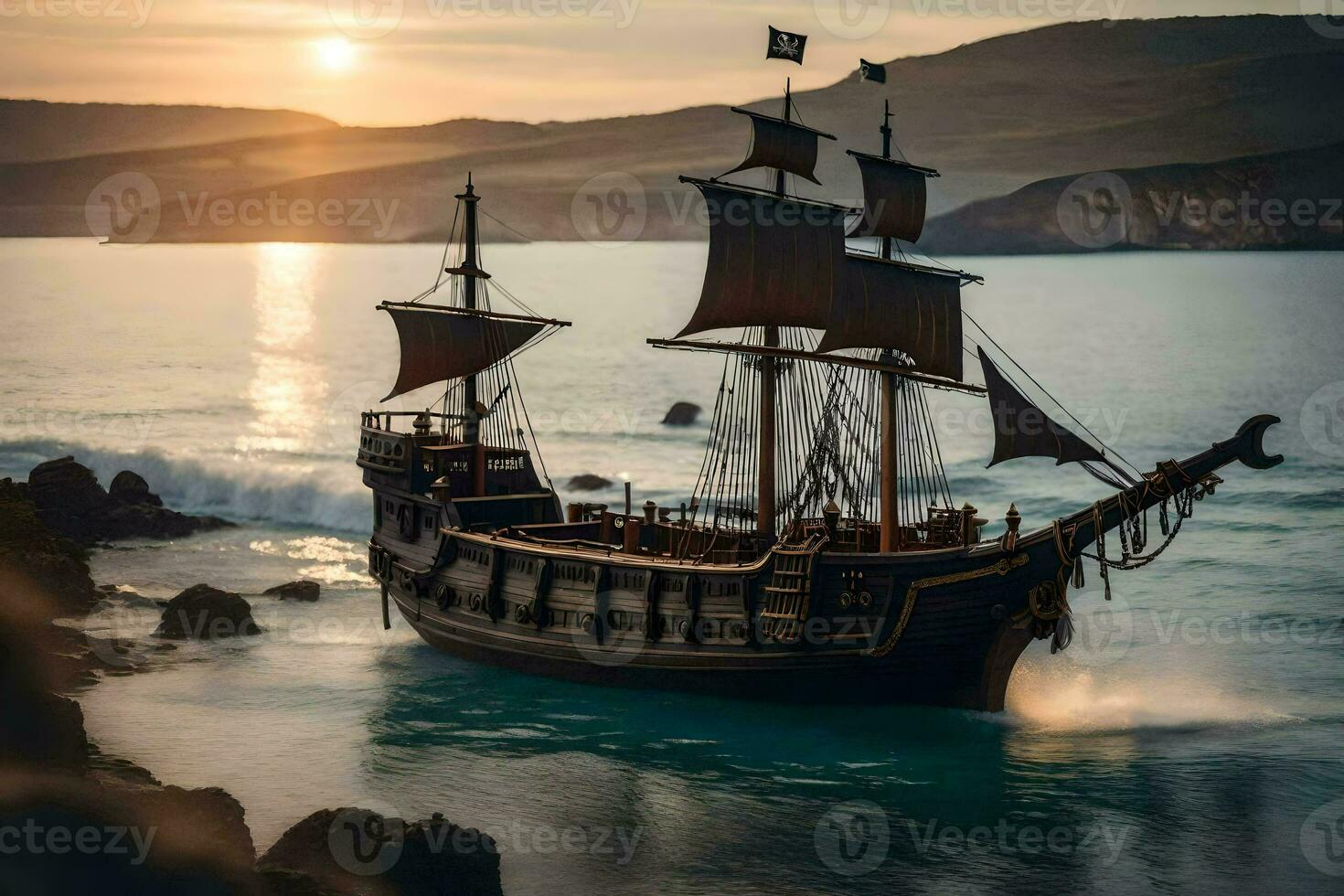 a pirate ship in the ocean at sunset. AI-Generated photo