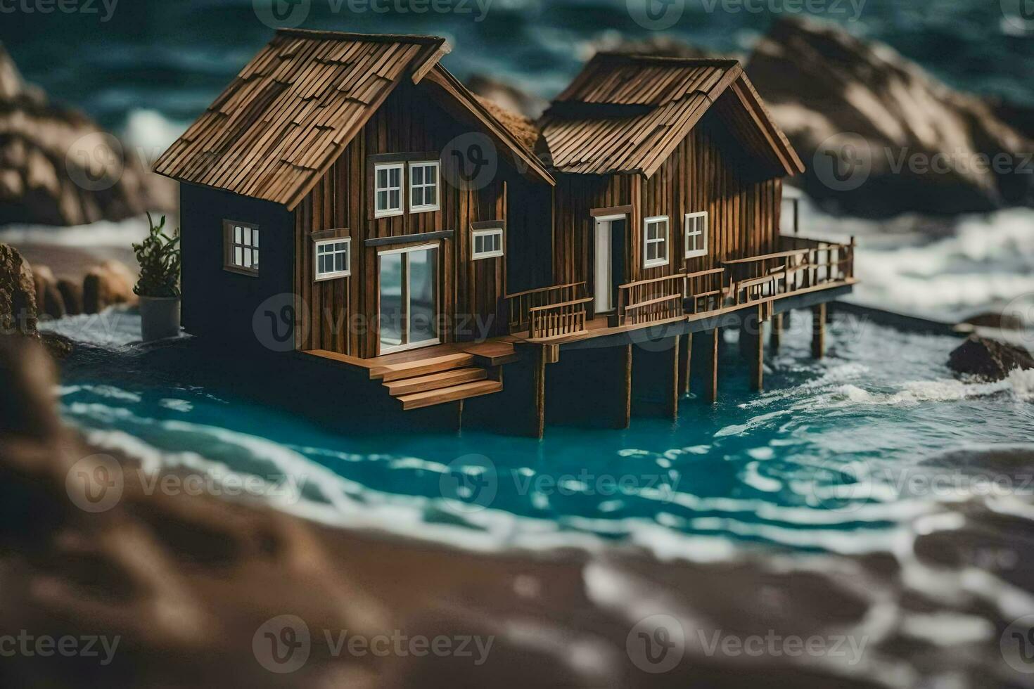 a miniature house on the water by the ocean. AI-Generated photo
