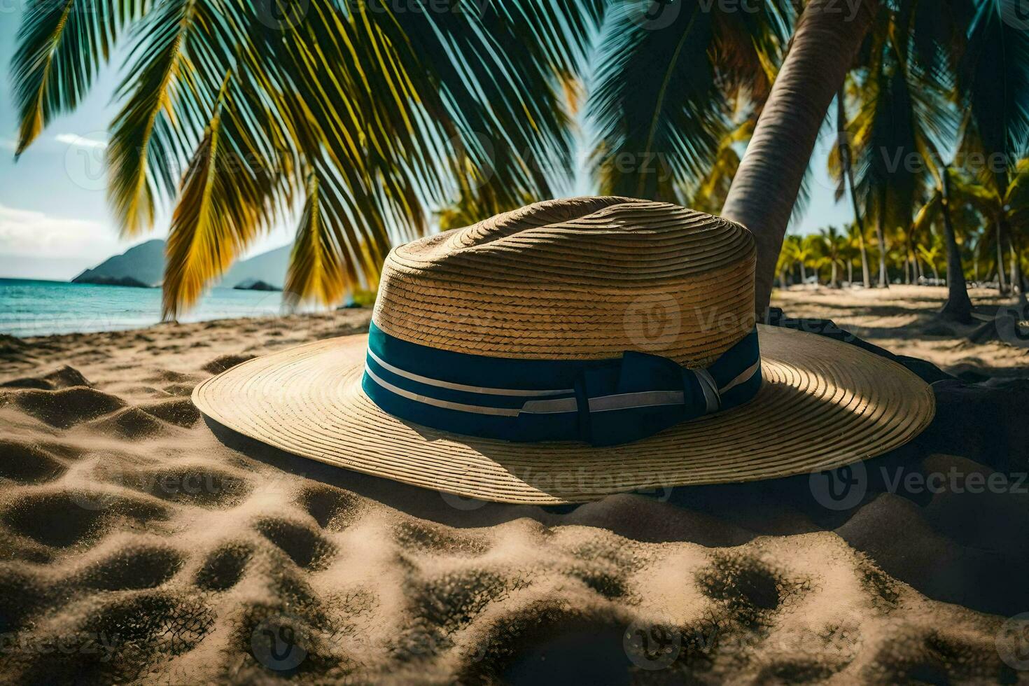 a hat sits on the sand near palm trees. AI-Generated photo