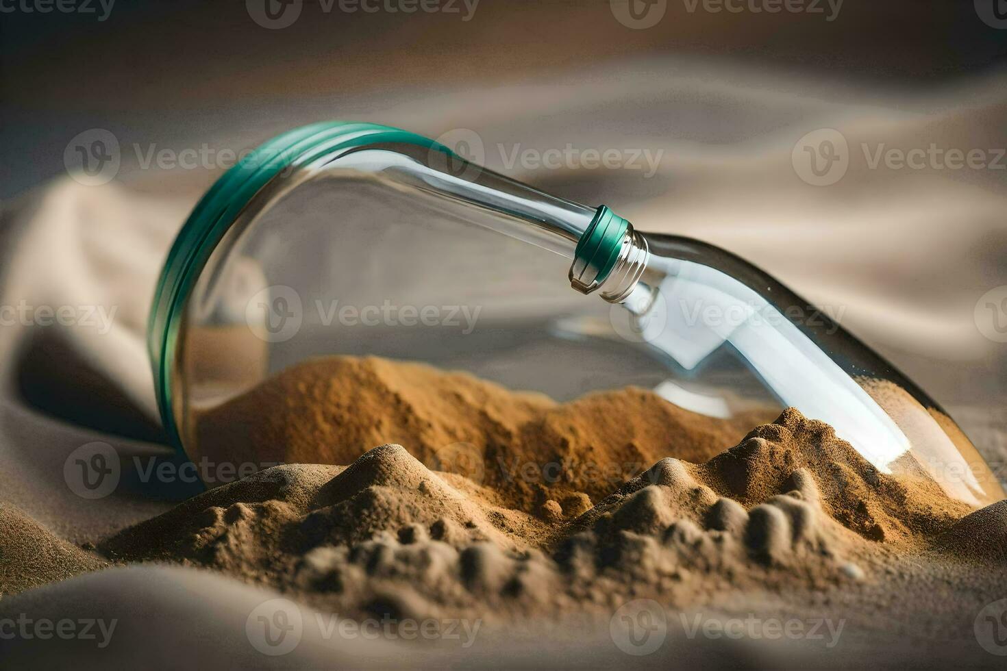 a glass bottle with sand and a sand dune. AI-Generated photo