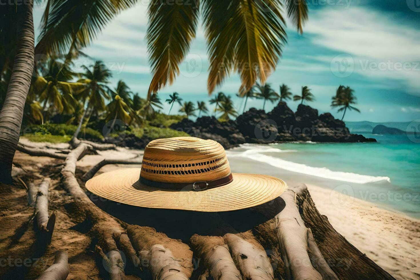 a hat sits on the beach near palm trees. AI-Generated photo