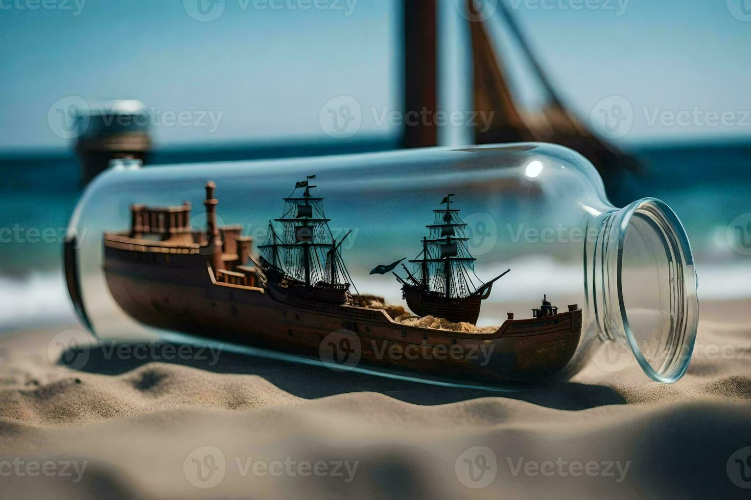 ship in a bottle on the beach. AI-Generated photo