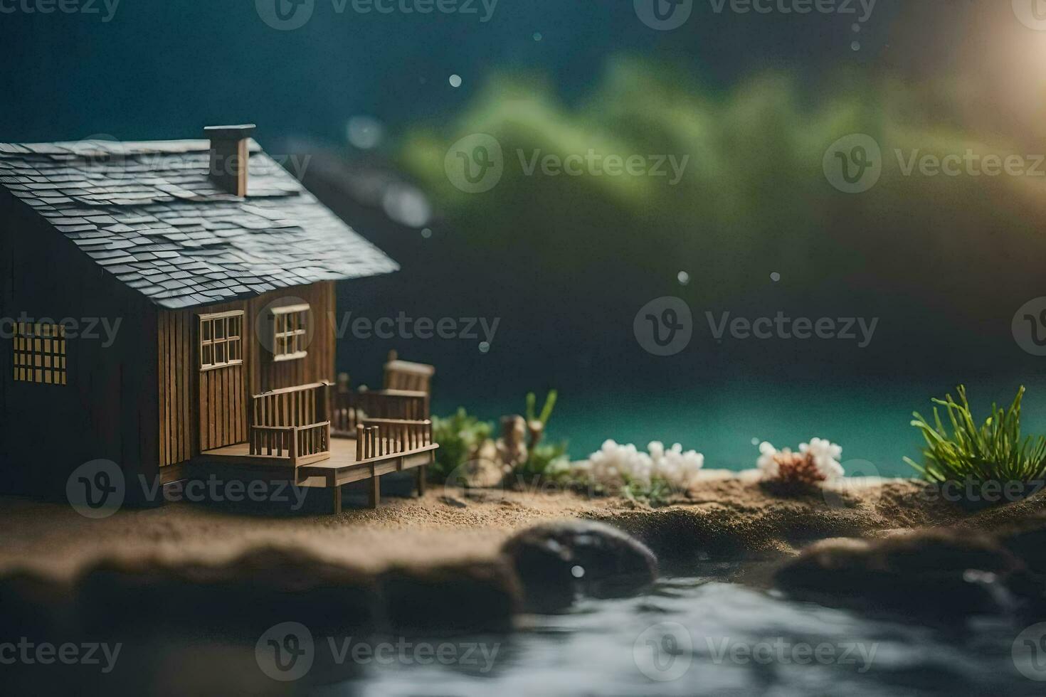 un miniatura casa en el apuntalar de un lago. generado por ai foto