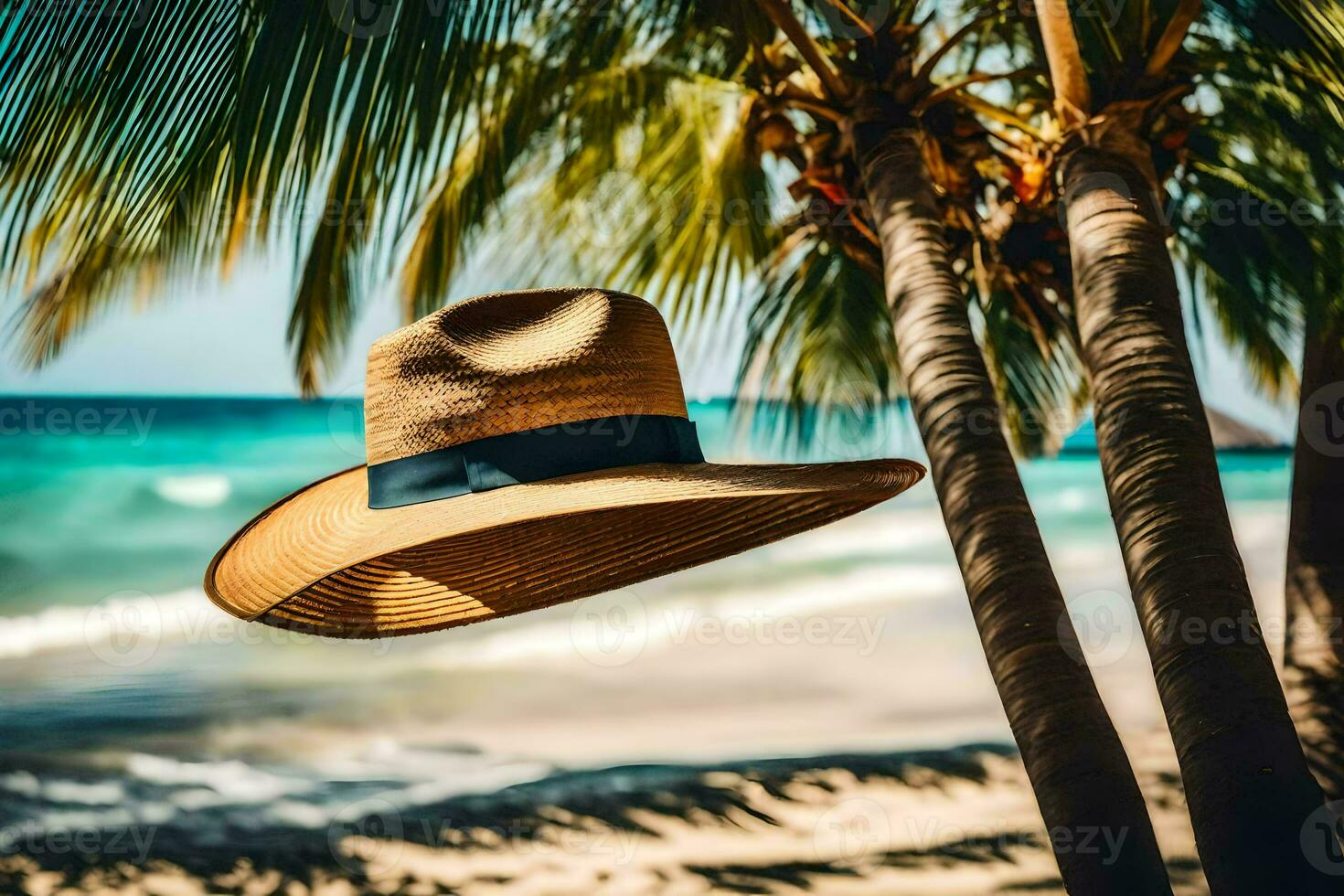 a hat hanging from a palm tree on the beach. AI-Generated photo