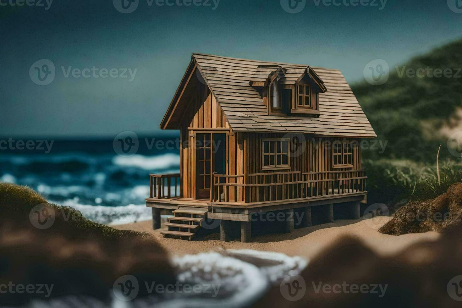 a miniature house on the beach with waves. AI-Generated photo