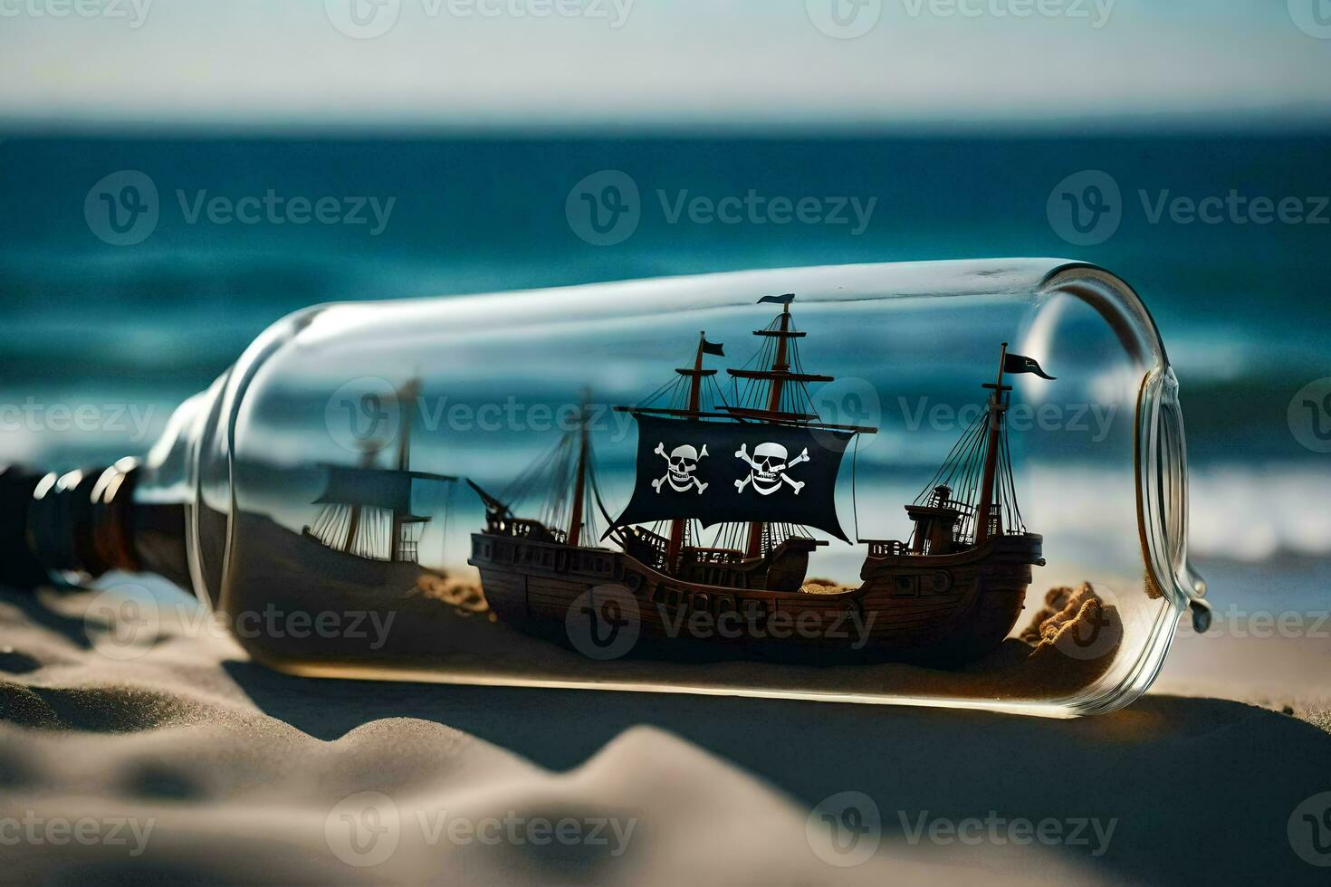 ship in a bottle on the beach. AI-Generated photo
