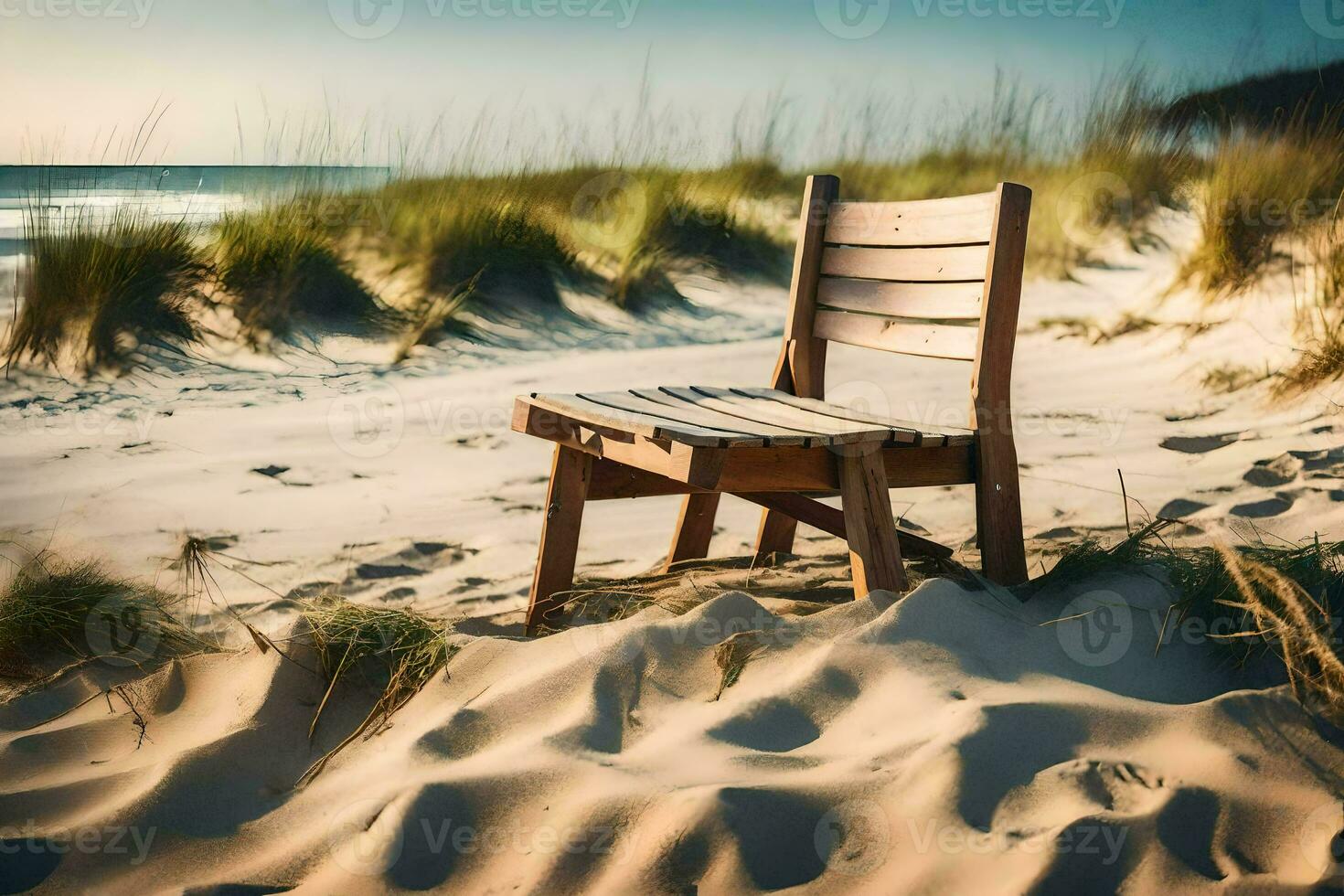 a wooden chair sits on the sand near the ocean. AI-Generated photo
