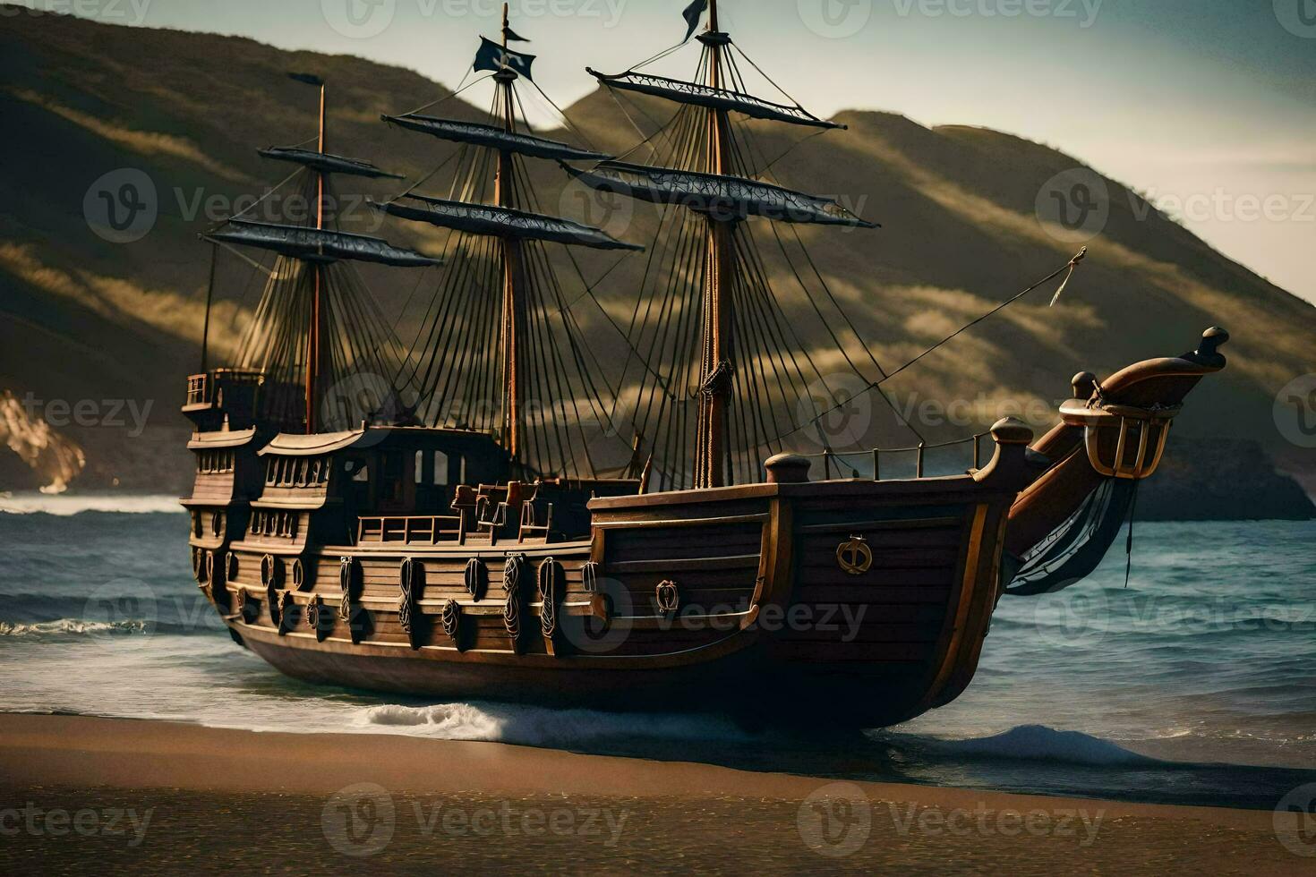 a pirate ship is on the beach near the ocean. AI-Generated photo