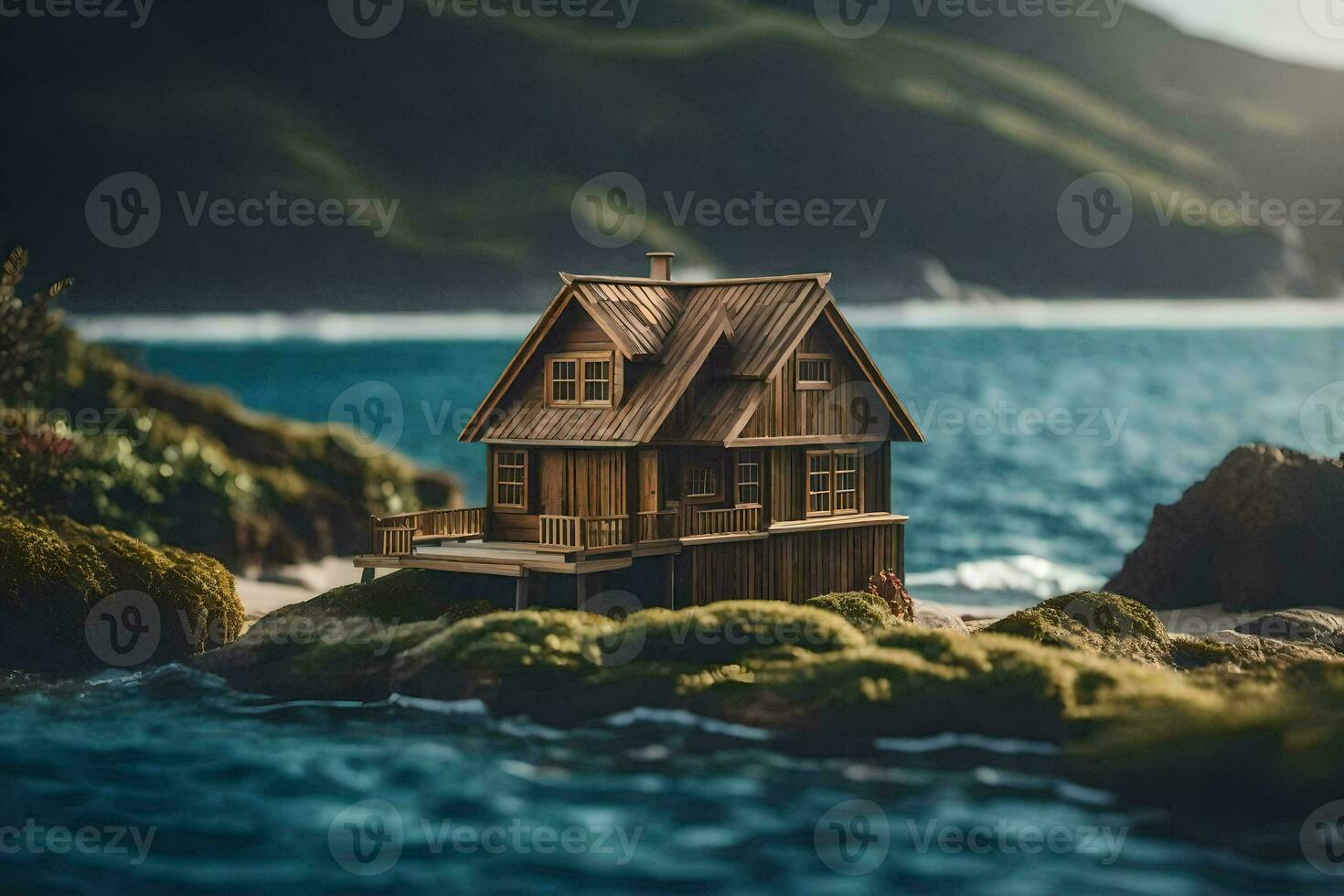 a miniature house on a rock by the ocean. AI-Generated photo