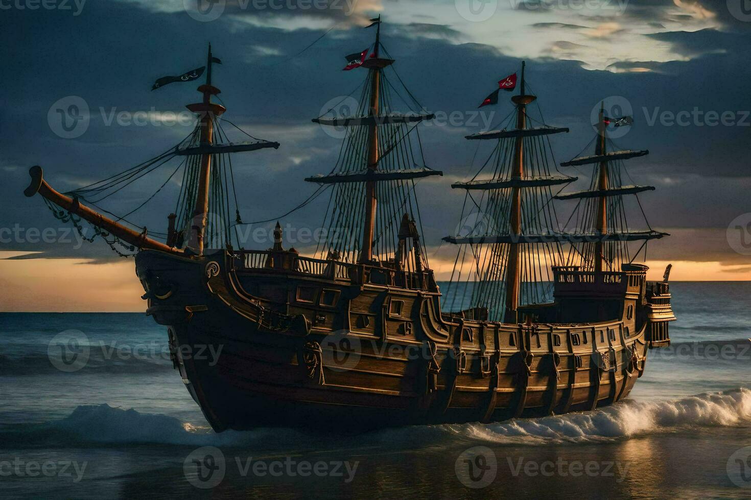 a pirate ship is sailing on the ocean. AI-Generated photo