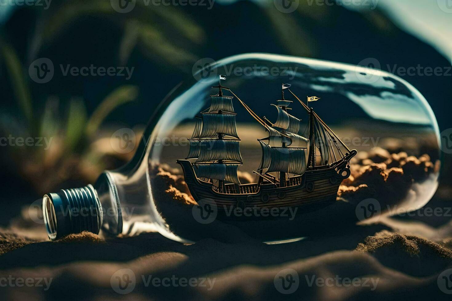 a bottle with a ship inside it on the beach. AI-Generated photo