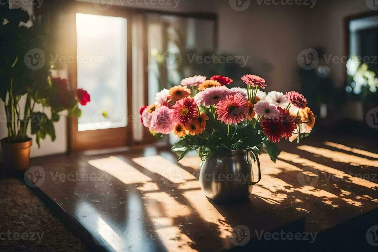 a vase of flowers sitting on a table in front of a window. AI-Generated photo