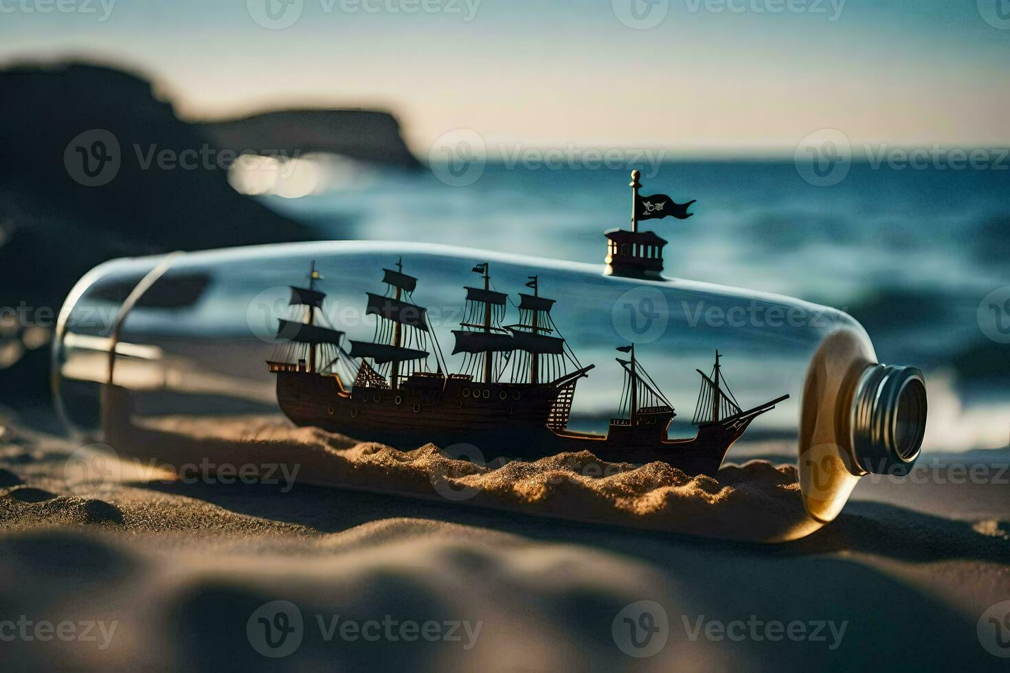 ship in a bottle on the beach. AI-Generated photo