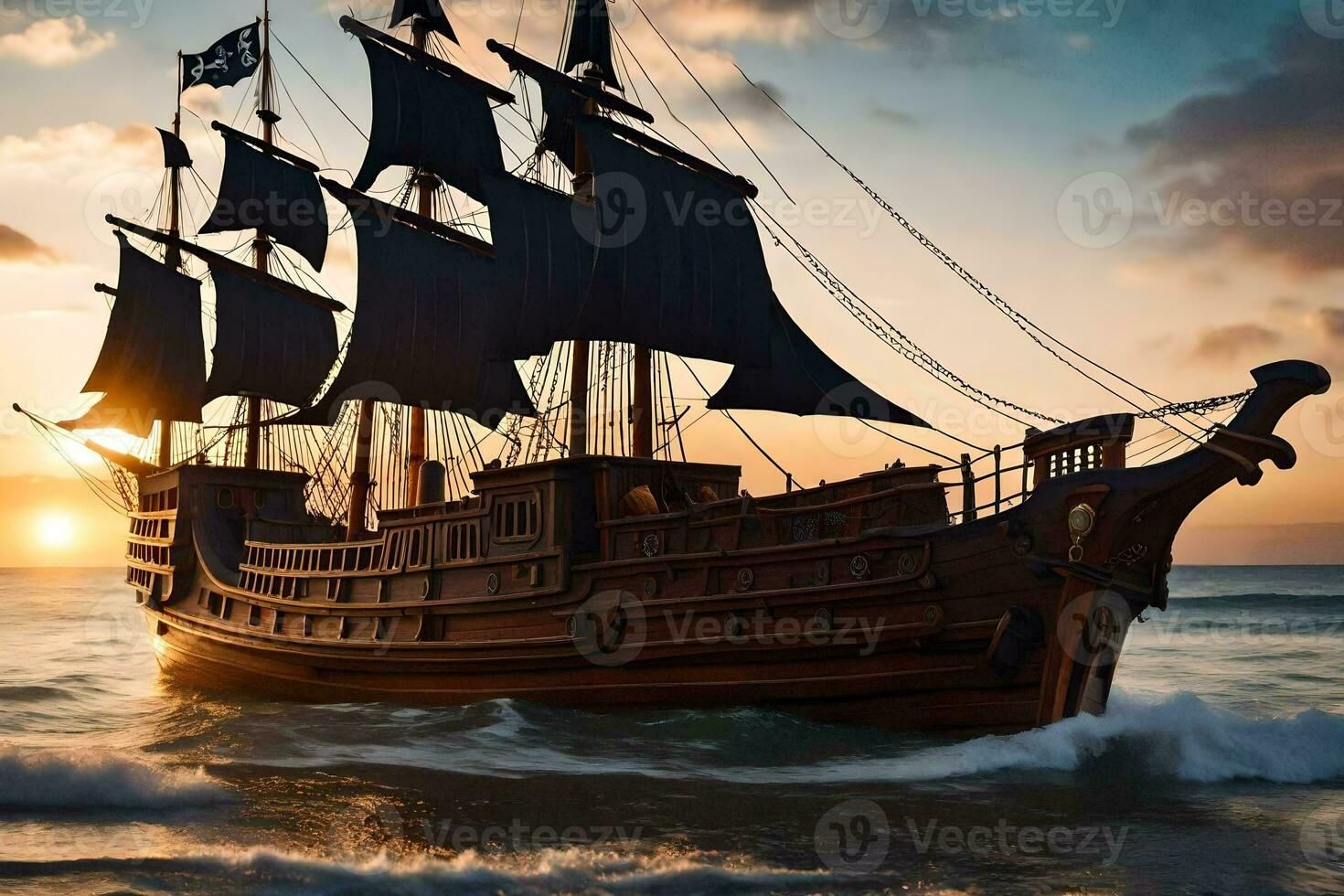 a pirate ship is sailing on the ocean at sunset. AI-Generated photo