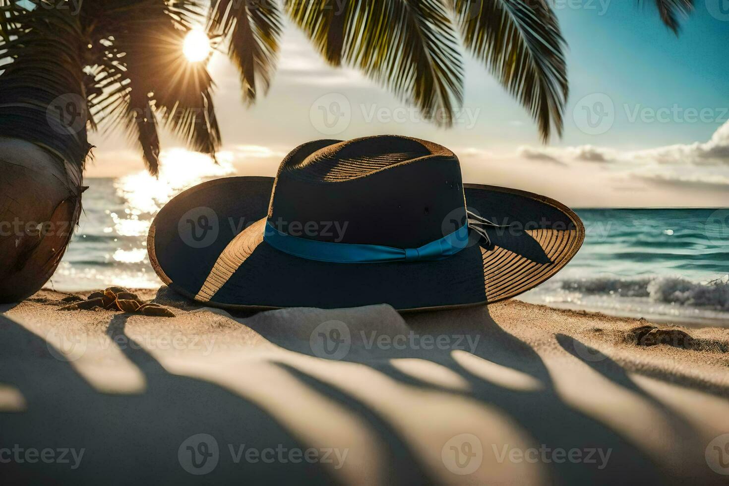 un sombrero en el playa con palma arboles generado por ai foto