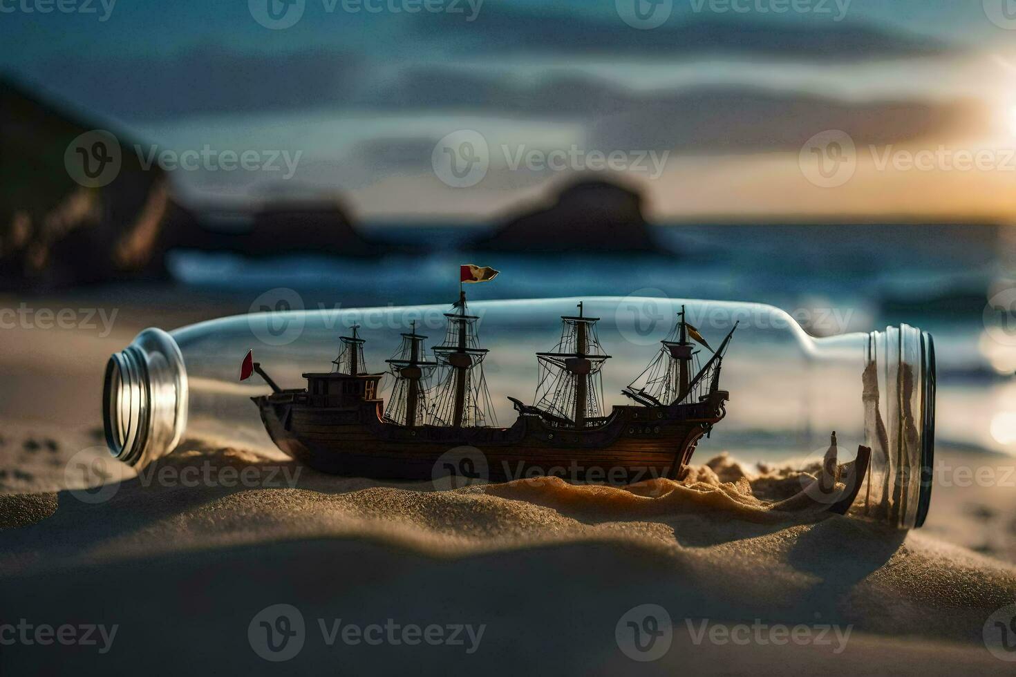 a ship in a bottle on the beach. AI-Generated photo