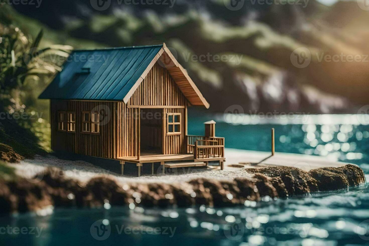 a miniature wooden house on a small island. AI-Generated photo