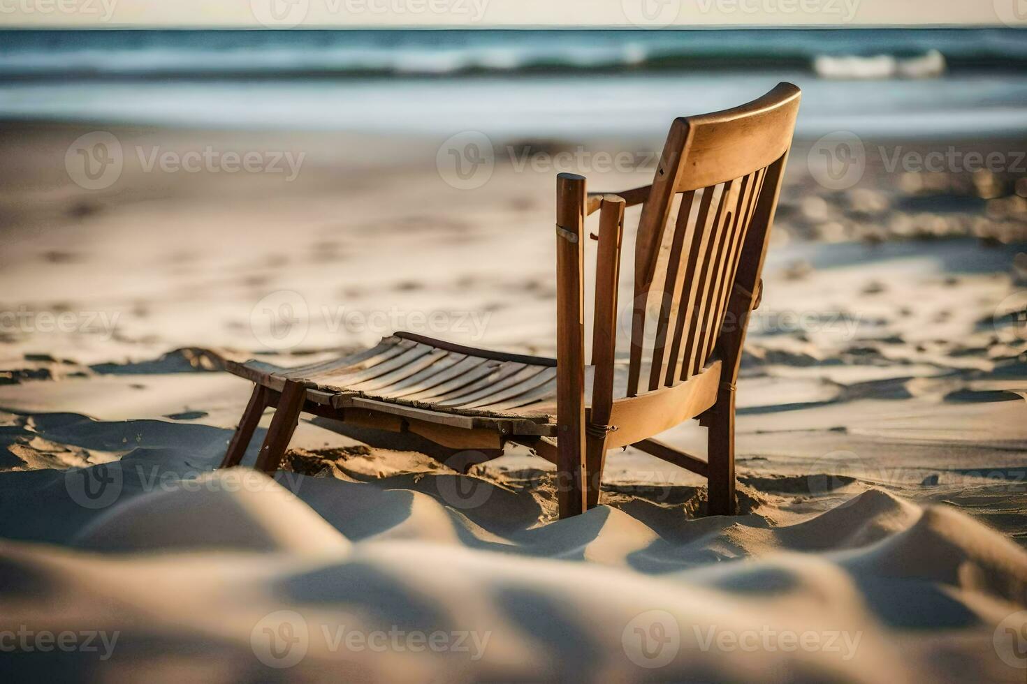 a wooden chair sits on the sand near the ocean. AI-Generated photo