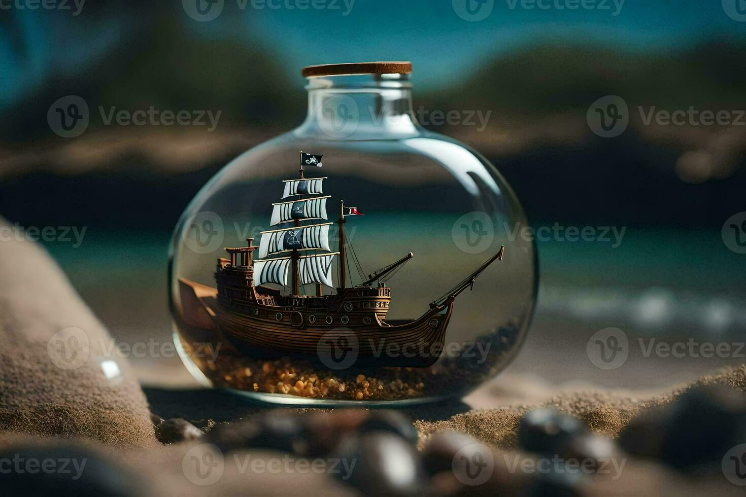 a small bottle with a ship inside. AI-Generated photo