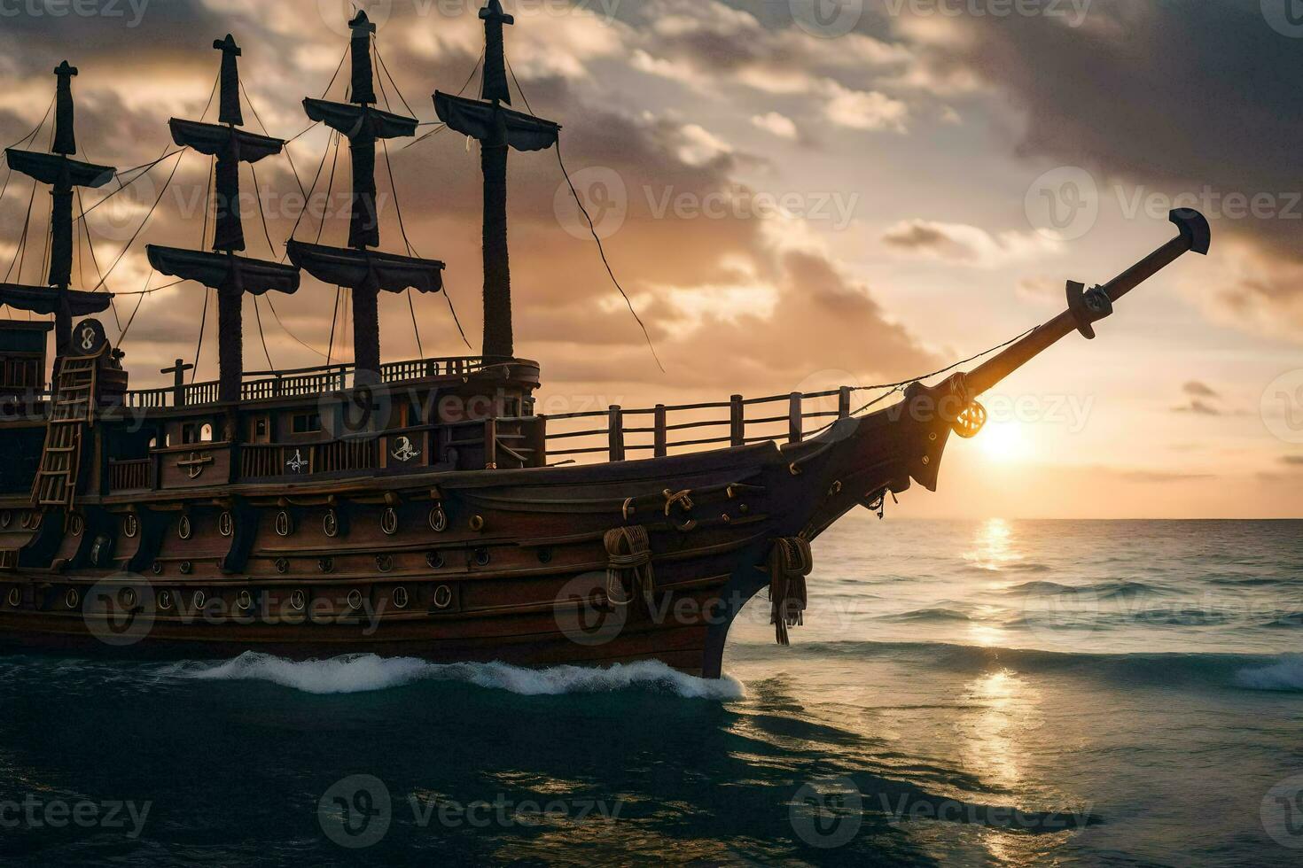 a pirate ship in the ocean at sunset. AI-Generated photo