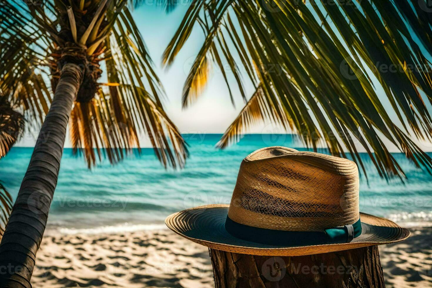 a hat on a palm tree on the beach. AI-Generated photo