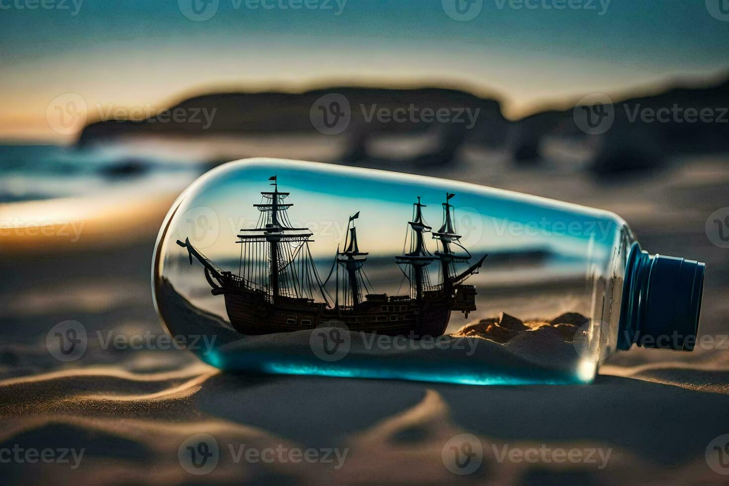 a ship in a bottle on the beach. AI-Generated photo