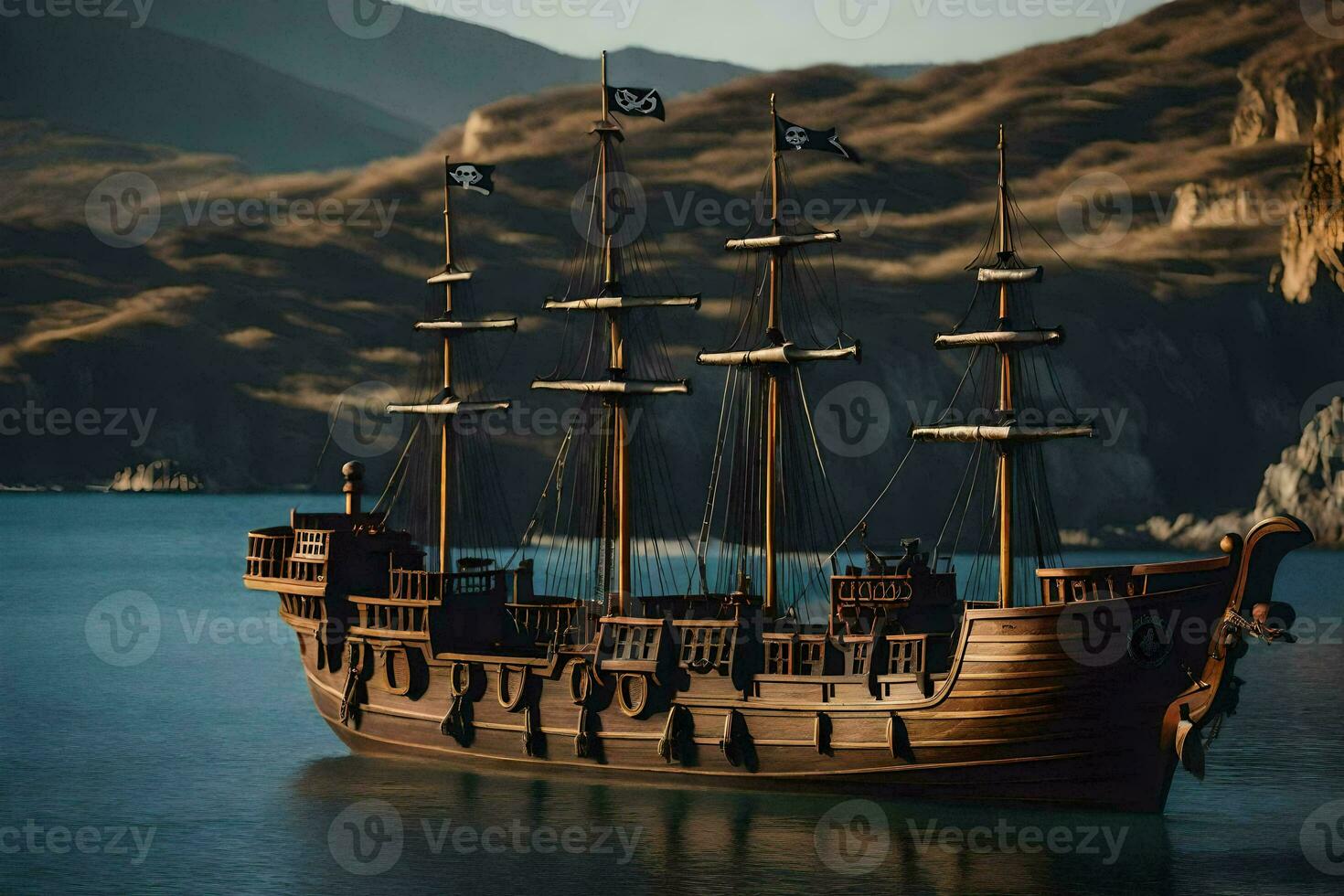 a pirate ship is floating in the ocean. AI-Generated photo
