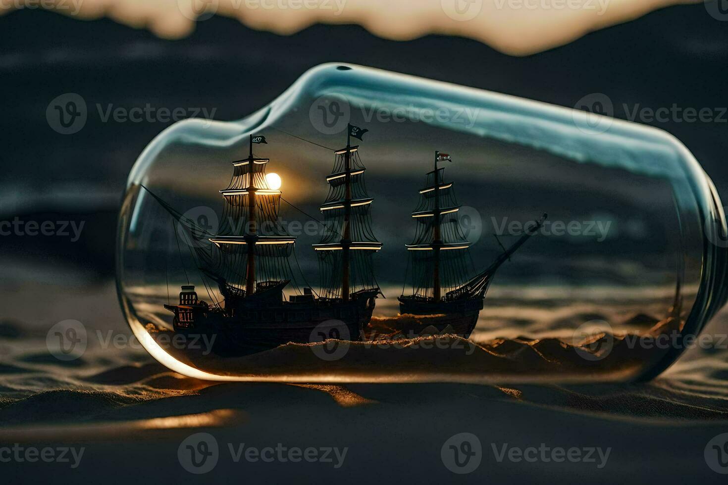 a ship in a bottle on the beach. AI-Generated photo