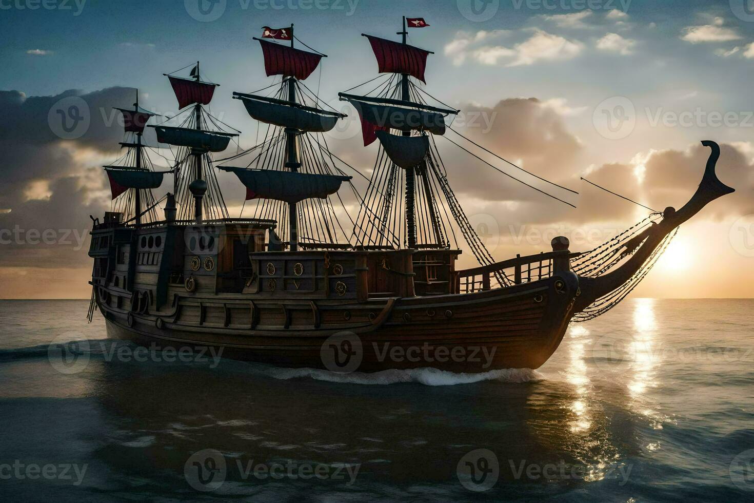 a pirate ship in the ocean at sunset. AI-Generated photo